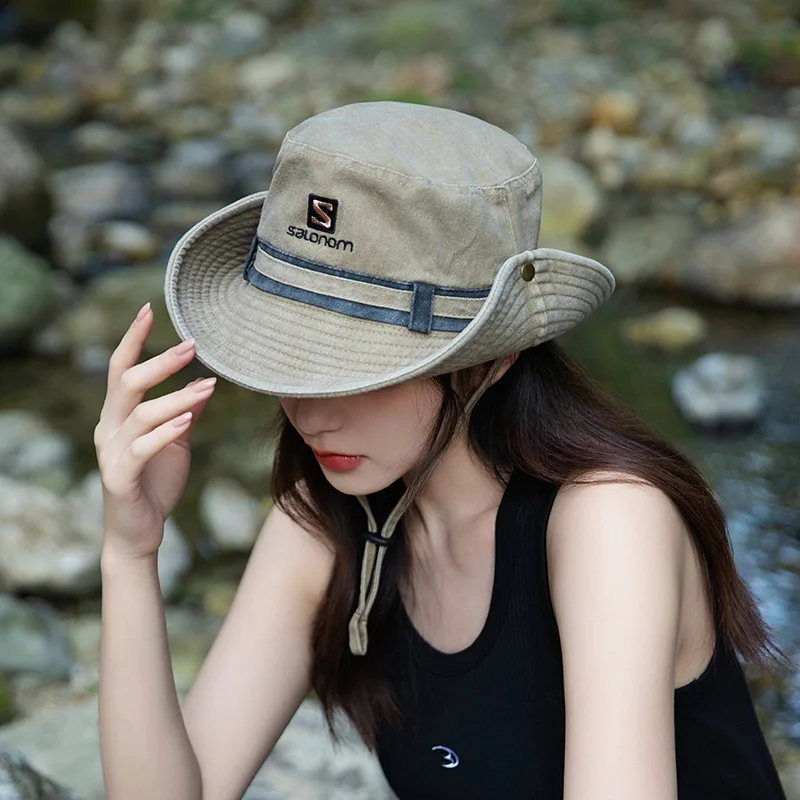 قبعة رعاة البقر الغربية الصيفية للسيدات، قبعة صياد مغسولة عتيقة مع درع شمس برباط للمشي لمسافات طويلة في الهواء الطلق والتسلق ​