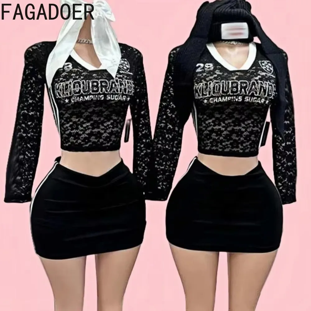 

FAGADOER Fashion Y2K Lace See Though Print Two Piece Sets Women Long Sleeve Slim Top And Mini Skirts Outfits Spring Streetwear