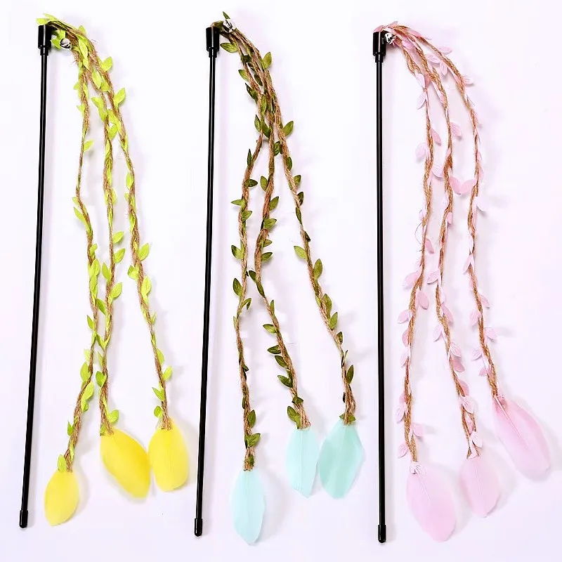 

Cat Toy Feather Cats Teaser Stick Hemp Rope Cat Toys Interactive Feather Sticks Toys for Cats Teasing Kitten Teaser with Bell