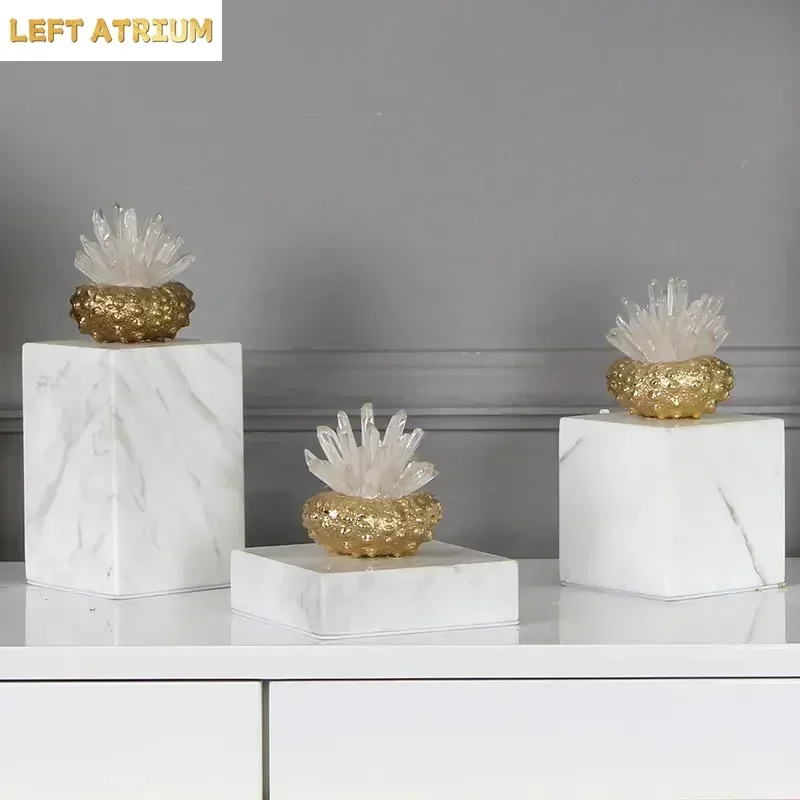 Brass Sea Urchin Crystal Cluster Crafts Statue Marble Base Desk Decoration Crystal Flower Brass Sculpture Room Aesthetics Decor