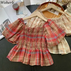 Sweet Woman Tshirts Square Collar Puff Sleeve Crop Top Fashion Korean T Shirt Summer Tees Pleated Plaid T-shirts 2024 Ropa Mujer