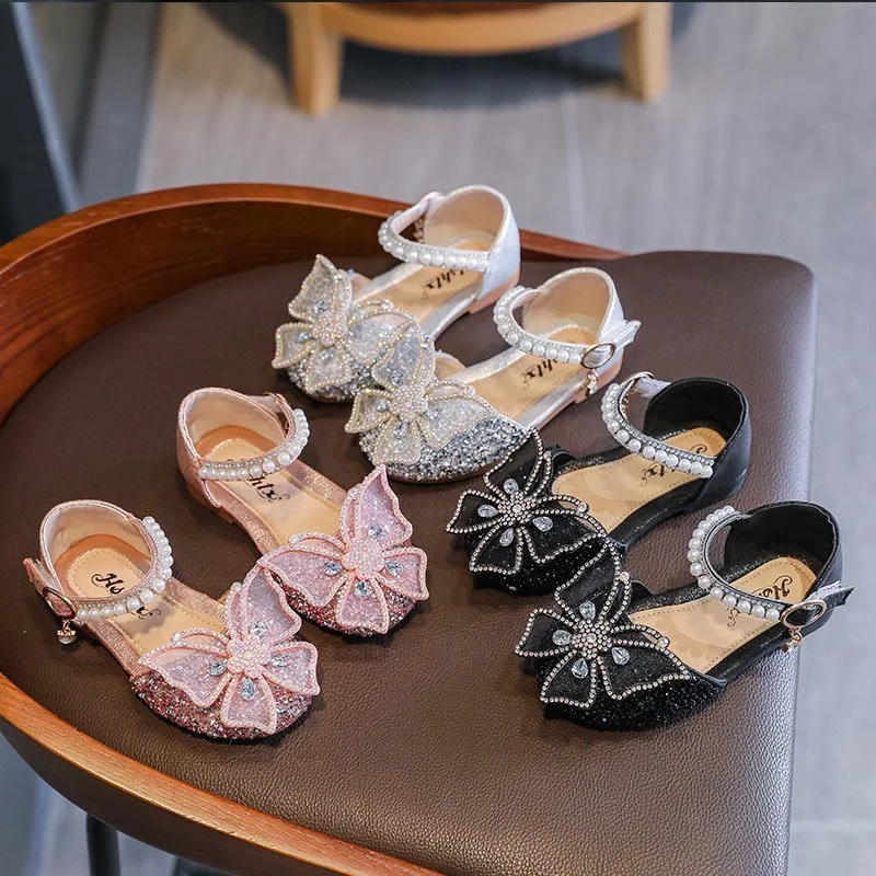 

Summer Korean Style Baby Girl Westernization Bow Pearl Strap Princess Shoes Sandals For Girls Sequin Dance Performance Shoes