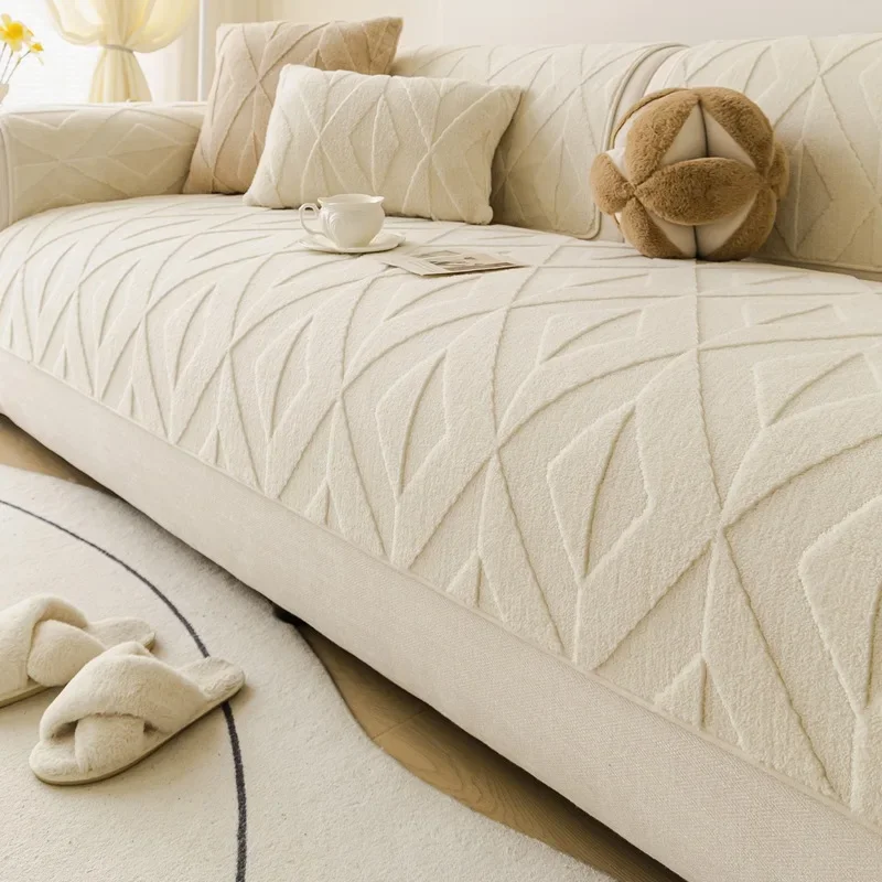 Thick Anti Slip Sofa Cover Cloth Solid Color Straight Row Sofa Cushion Soft and Sticky Texture Simple Autumn and Winter Washing