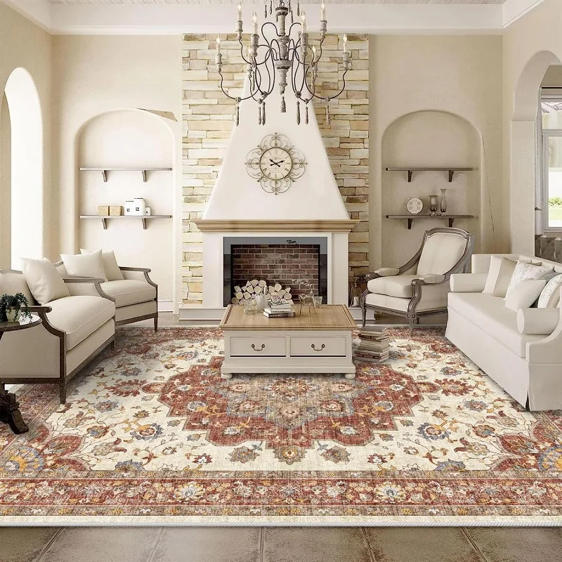 Washable Oriental Living Room Bedroom Soft Carpet Waterproof Floral Pattern Indoor Stain-resistant Lint-free Floor Carpet