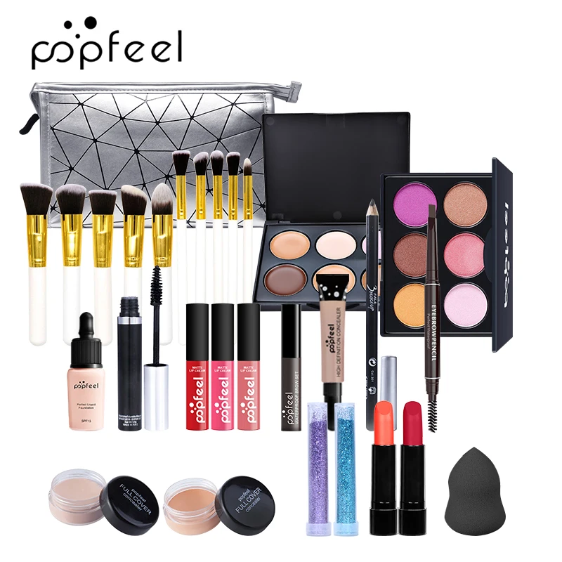 

ALL IN ONE Full Professional Cosmetics Makeup kit(eyeshadow, lip gloss,lipstick,makeup brushes,eyebrow,concealer)withbag