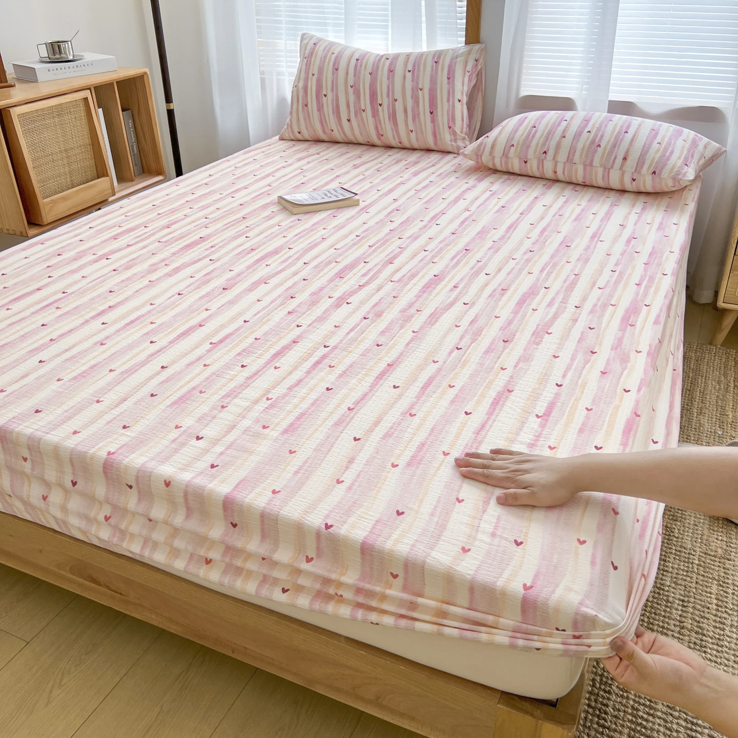 

Простыня из стираного хлопка с резинками, нескользящий регулируемый наматрасник из чистого хлопка с принтом для Double King Queen