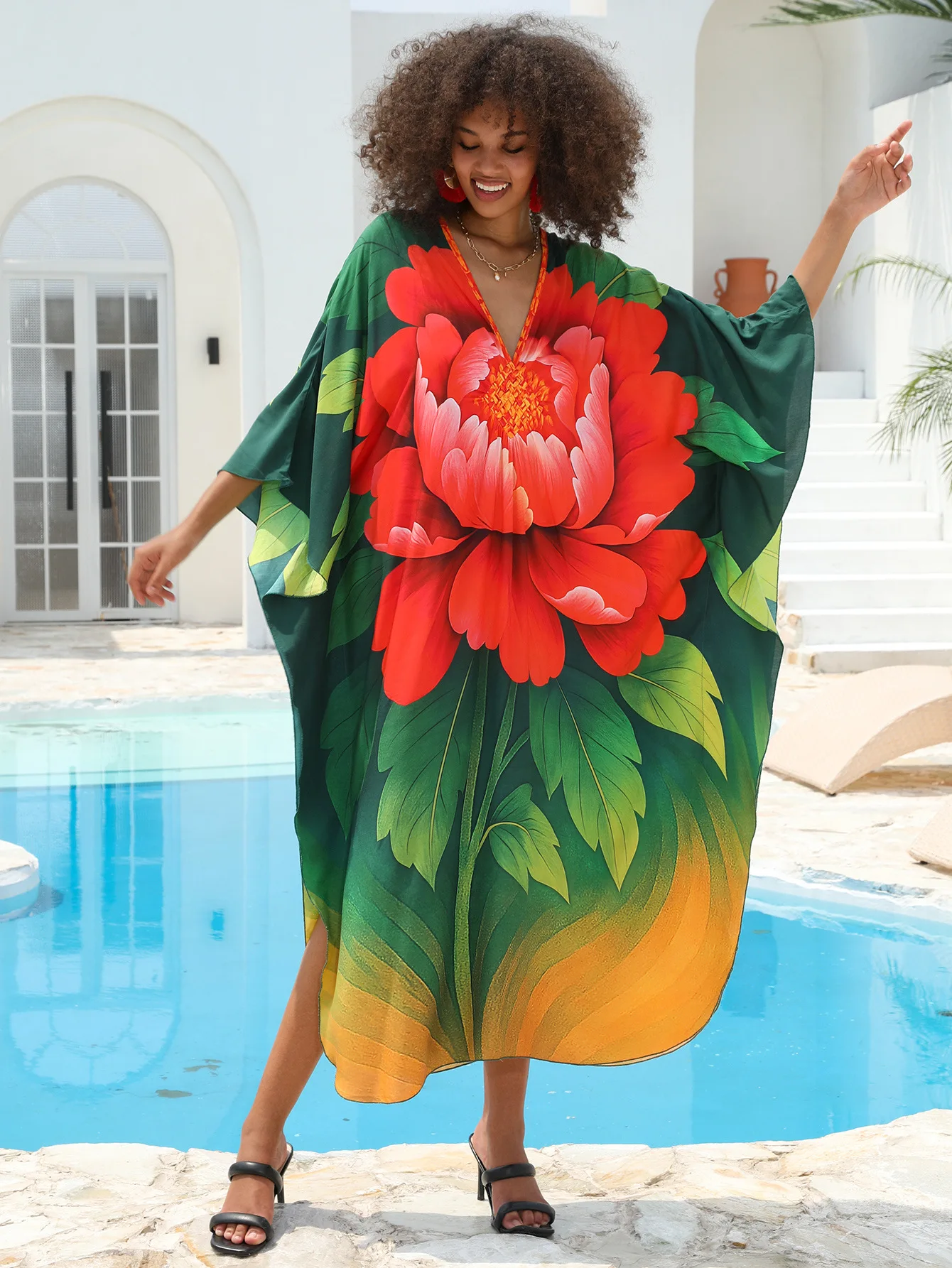 

Kaftan Beach Dresses Peony Flower Print Beach Coverups Summer Holiday Moo Moo for Plus Size Women Mrs Roper Costume Dropshipping