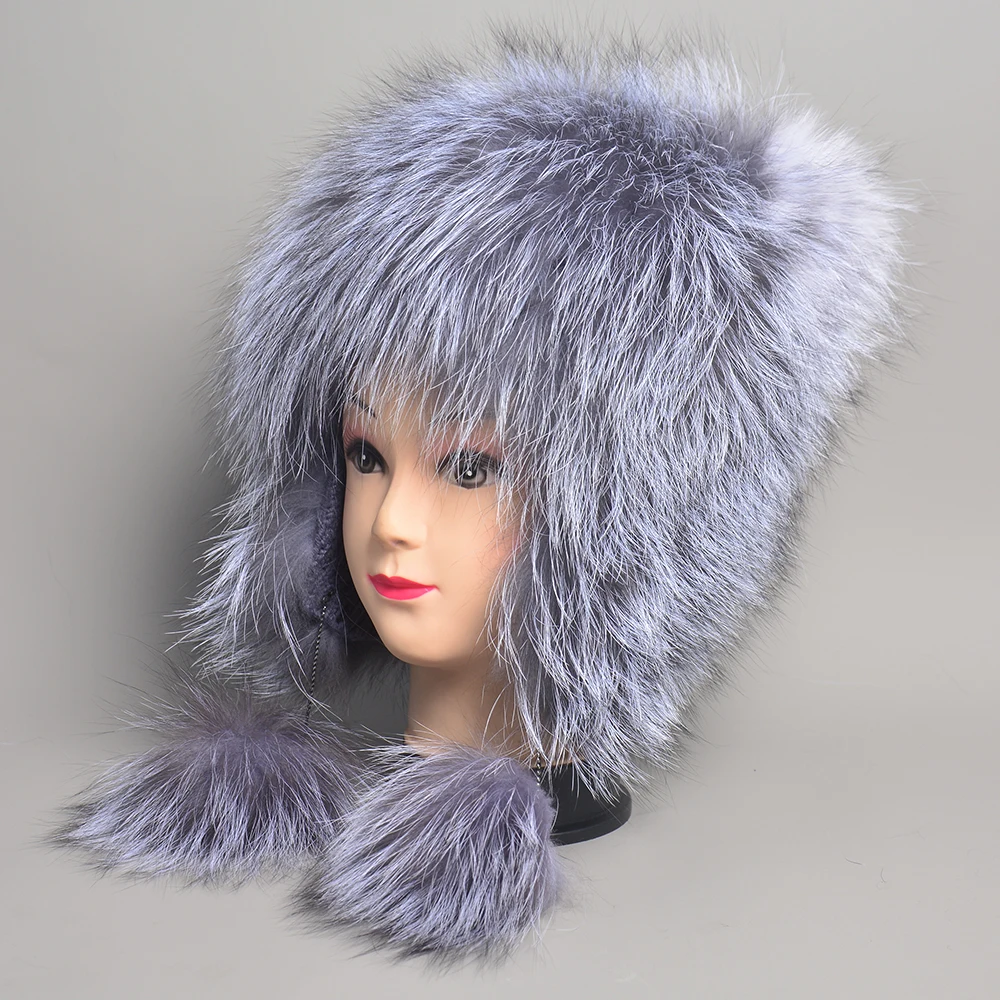 Winter Hat Woman Warm Cat Ushanka Balaclava Russian Fox Fur Trapper Women Bomber Hats Luxury Furry Snow Cap Earflap Fox Fur Hat