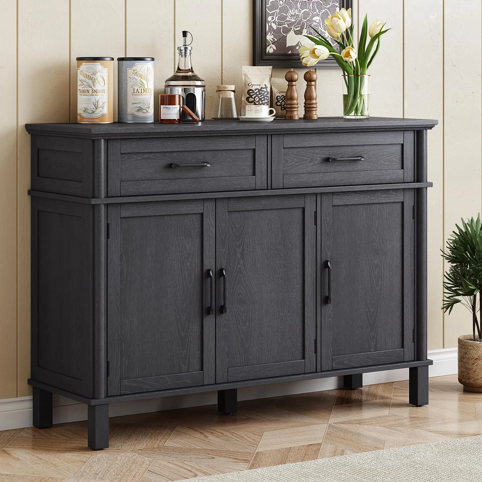 48 Inch Buffet Cabinet with Storage, Black Farmhouse Sideboard Buffet w/2 Drawers and 3 Doors