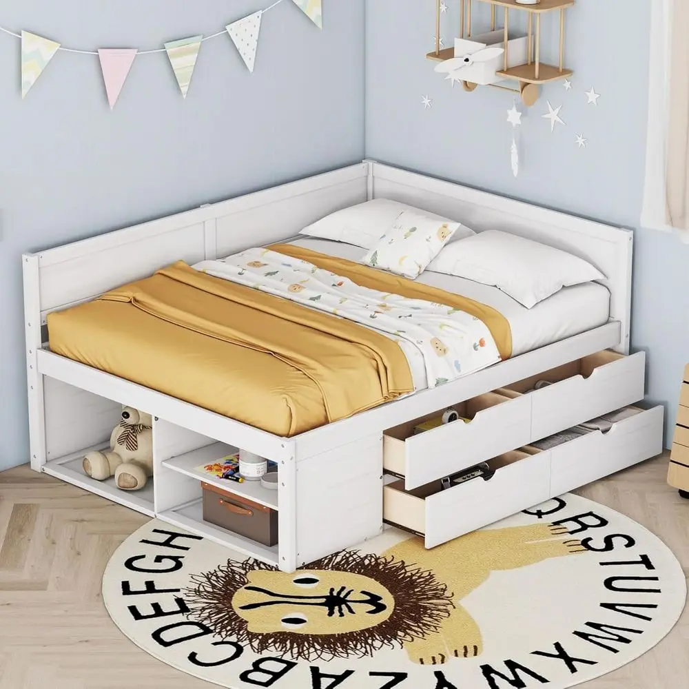 

L-Shaped Storage Daybed with Bookcase Shelves, Suitable for Kids and Adults, Full Size - White