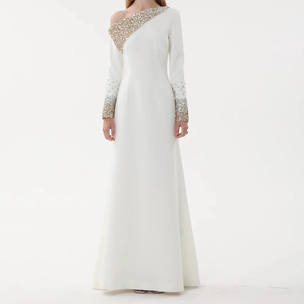 Women's Mermaid Evening Dresses Floor-length One-shoulder Full Sleeve Prom Gown Fashion Crystal Simple Draped Customized Gowns