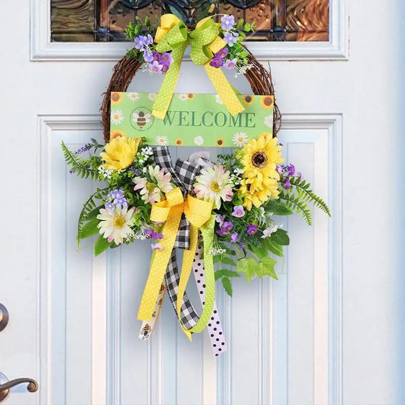 

Spring Wreaths For Front Door Welcome Sign Holiday Wreath With Bow And Flower Festival Decoration Outdoor Indoor Decor For Wall