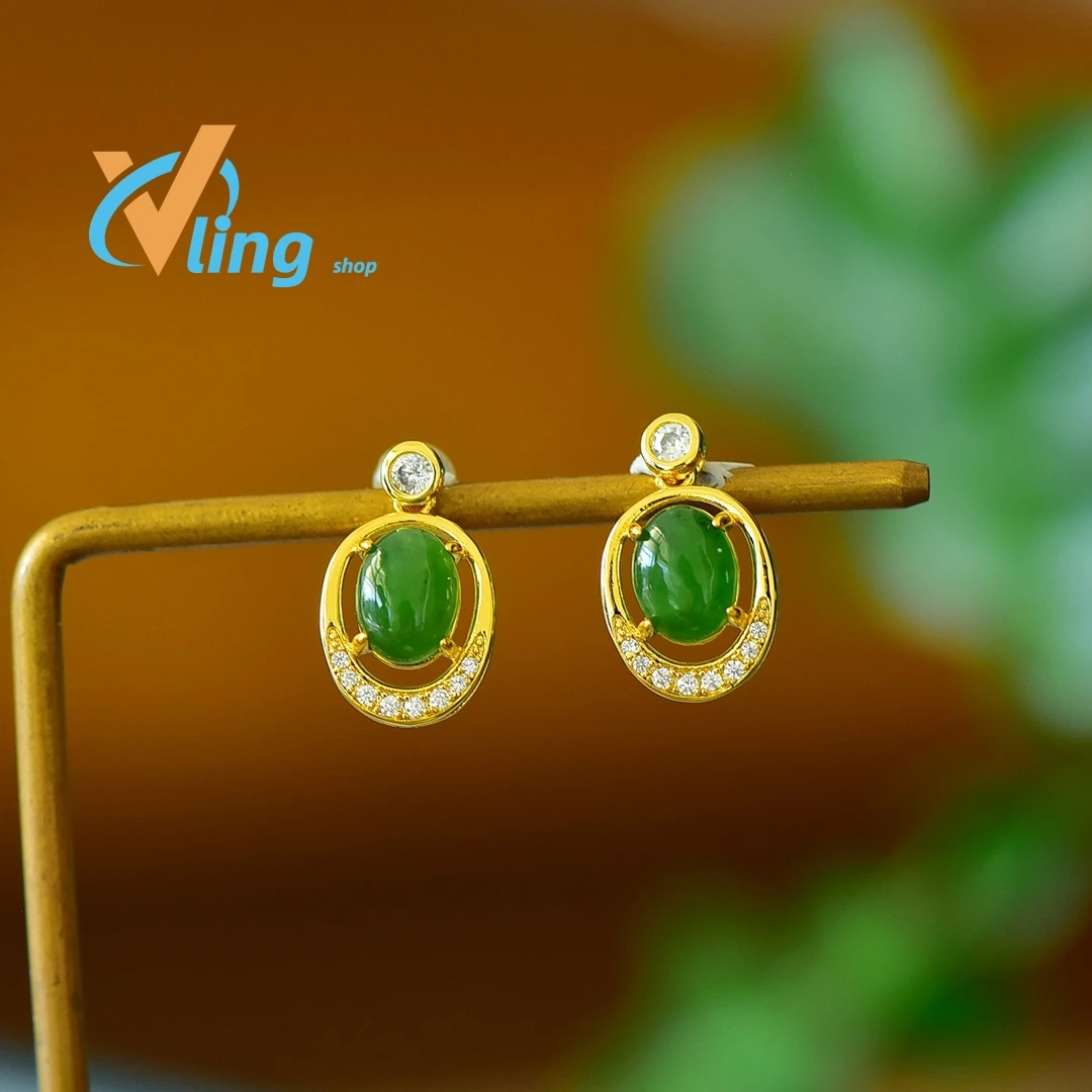 Advanced copper inlaid Hotan Jade jasper earrings Unique personality Earhook Ear studs