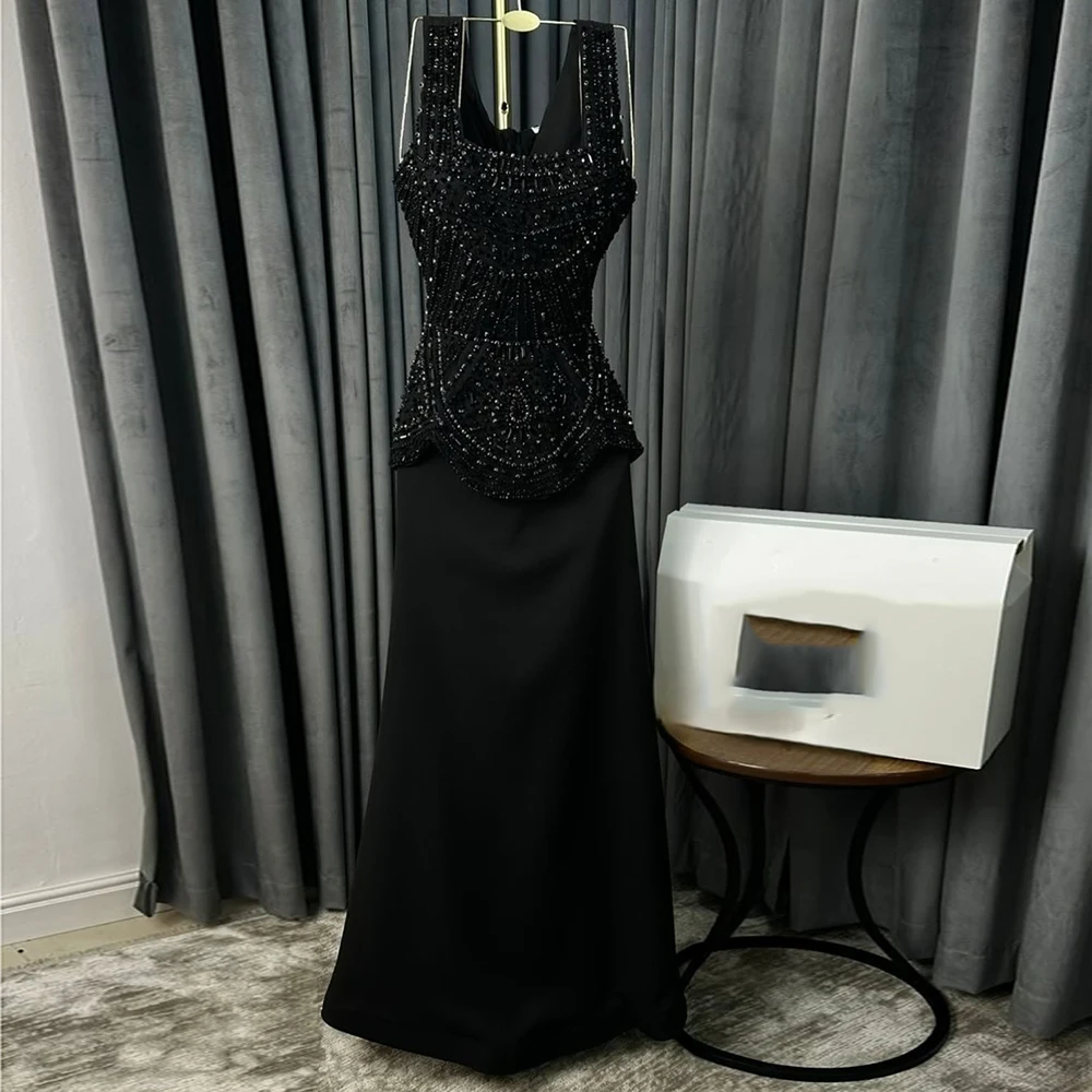 

Customized A-line Evening Dresses Floor-length Square Collar Sleeveless Prom Gown Fashion Sequined Beading Draped Party Gown