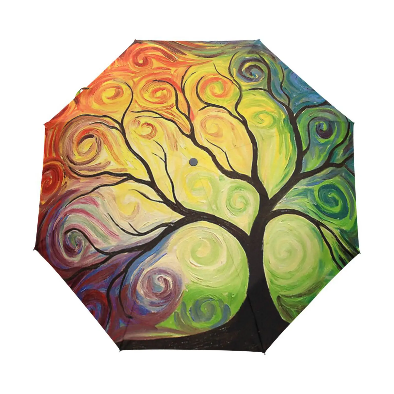 Rainbow Tree Of Life Oil Painting Art Folding Umbrella Rain Women Automatic Open Close Anti-UV Umbrella Male Parasol For Travel