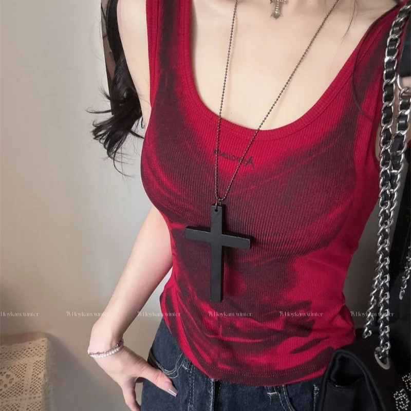 New Y2K Sexy Streetwear Unique Contrast Color Graphic Print Crop Tank Top Women Ribbed Slim Fit Built In Bra Casual Daily Outfit