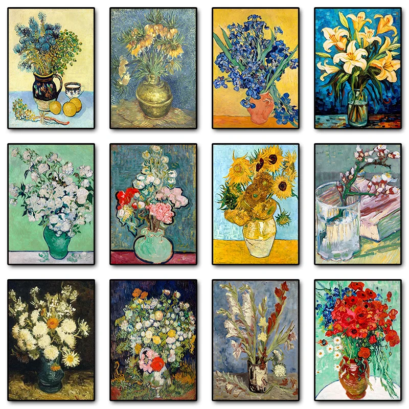 Impressionistischer Vincent Van Gogh Blumenstrauß Sonnenblumen in Vase Poster Druck Diamantmalerei Abstrakte Rosen Wandkunst Raumdekoration