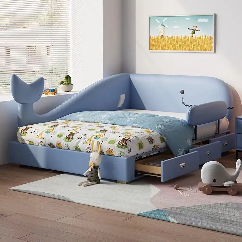 Modern Kids Bed with Cartoon Whale Design & Guardrails Princess Style Single Bed for Boys Girls with Storage