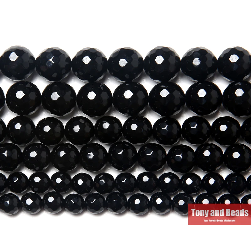 Natural Stone Faceted Black Onyx Agate Round Loose Beads 15\