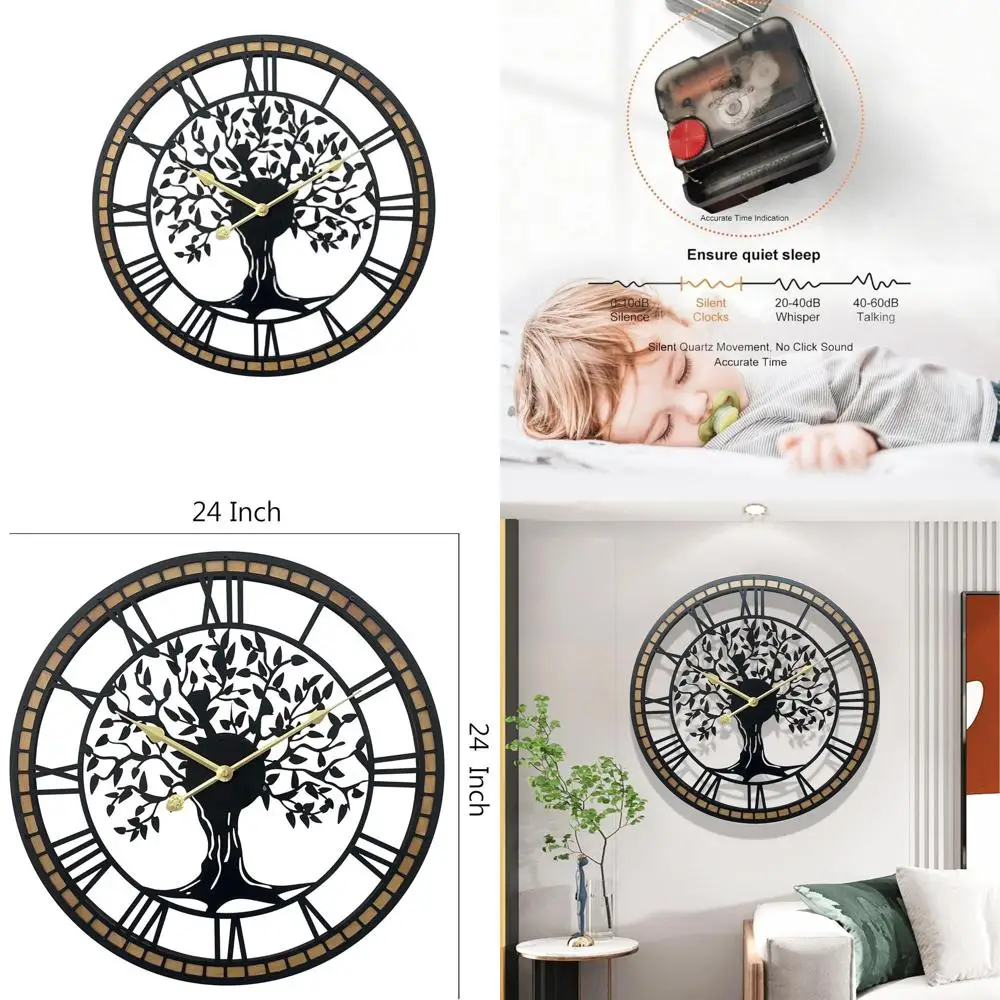 

24 Tree of Life Metal Wall Clock - Silent, Battery-Powered Oversized Decor for Living Room, Kitchen, or Bedroom