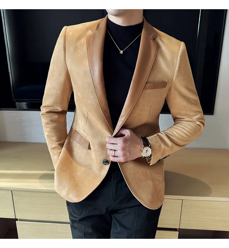 Suede Patchwork Men's Slim Fit Suit Blazer Korean Stylish Elegant Jacket Suit Blazer For Men Designer Luxury Dress Jackets 2025