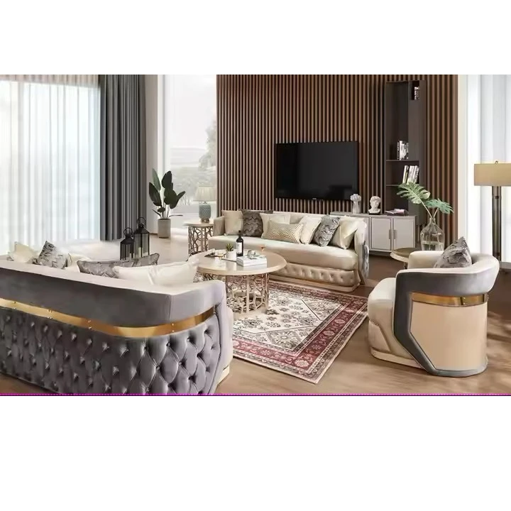 *2025 New Arrival Modern Luxury Velvet Upholstered Living Room Sofa Set Stainless Steel Belt Decoration Button Tufted Home Villa