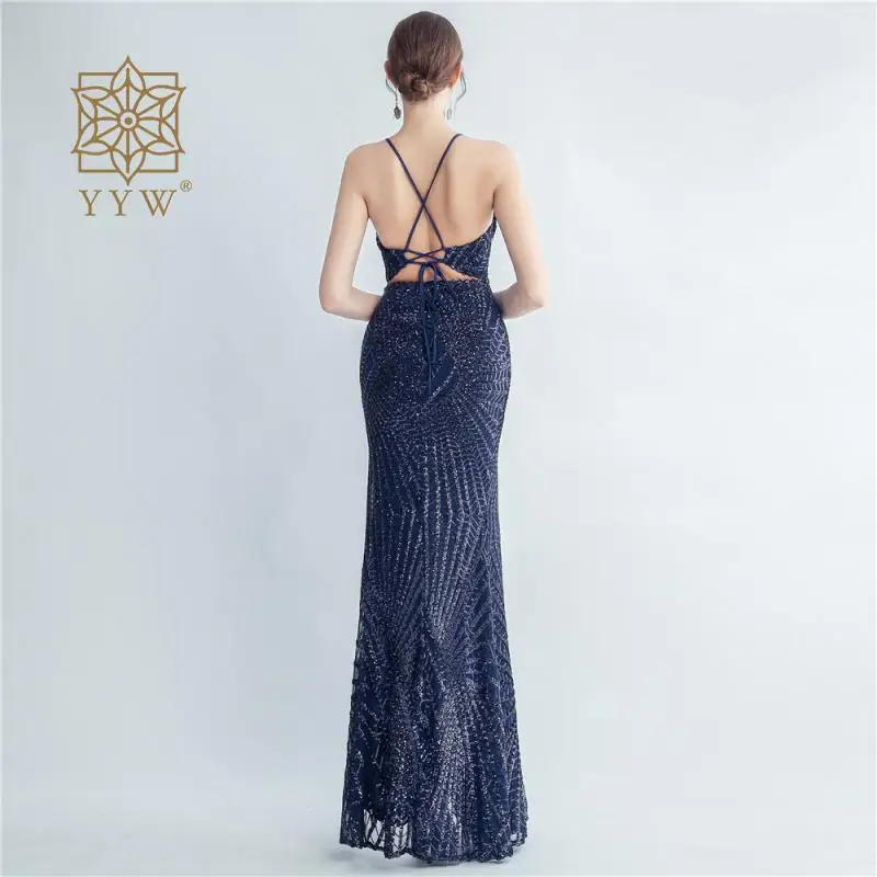 Backless Sexy Adjust Spaghetti Strap Women Mermaid Dress Evening Sequin Maxi Gala Gowns Celebration Formal Banquet Robe Wedding