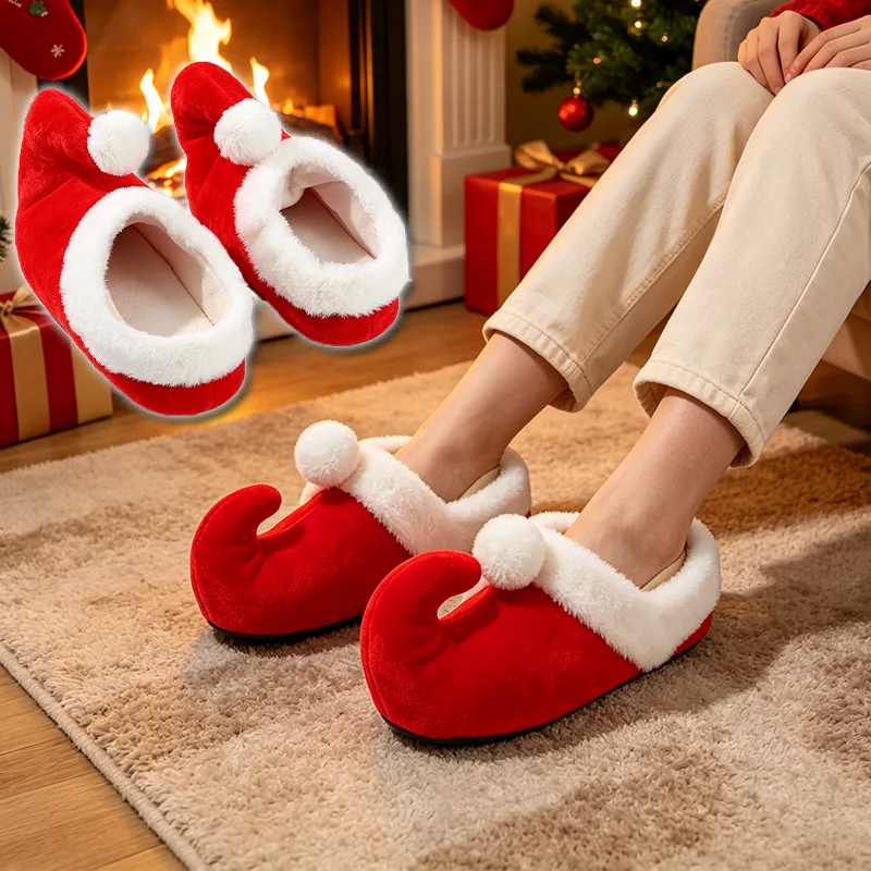 Christmas Santa Claus Elf Slippers Red Plush Cotton Indoor Footwear Warm Cozy Winter Holiday Home Use for Women Men Unisex