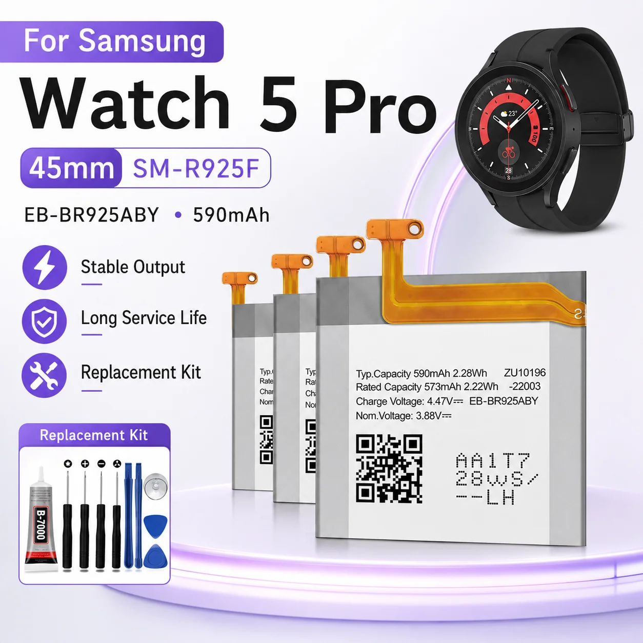 

EB-BR925ABY Replacement Battery for Samsung Galaxy Watch5 Pro 45mm Smartwatch Rechargeable Li-ion Cell with Repair Tools
