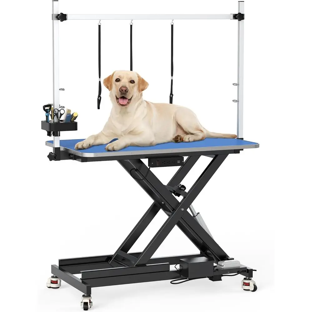 

49-дюймовый электрический стол для ухода за собаками, сверхмощный регулируемый стол для ухода за домашними животными с выравнивающими колесами, подлокотниками для ухода за больными, противоскользящим верхом и футболкой