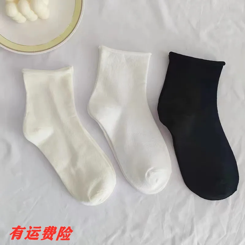 1PR Milky White JK Socks Women's Spring and Autumn Curling Ins Black Pure-Cotton Socks Women's Summer Thin Mid-Length Socks