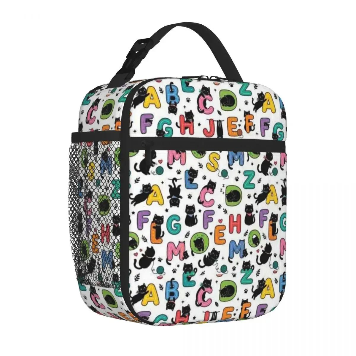 Bestselling Cute Cats Hanging From Letters Pattern Playful Alphabet Design Style Reusable Lunch Bag High School Travel Lunch Bag