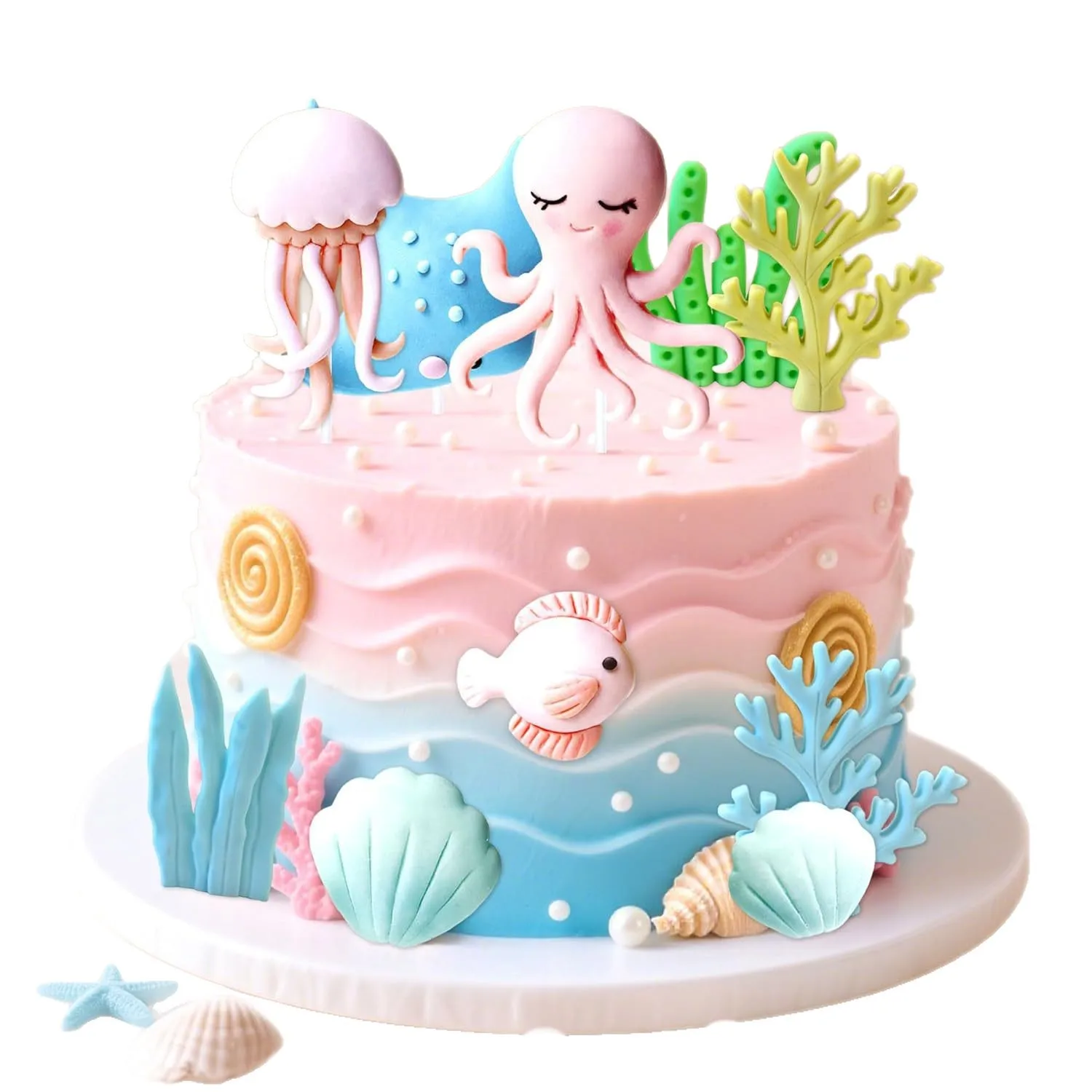 1 Set Ozean-Tier-Kuchendekoration Oktopus Delfin Qualle Koralle Muschel Unterwasser-Thema Kinder Dessert-Deko Zubehör – Detail 4
