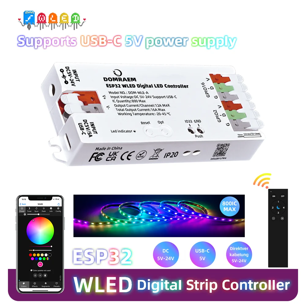 DOMRAEM ESP32 WLED USB-Type-C Addressable LED Strip Controller DC5-24V 16A Max ～0.5W Standby DIY WS2811 WS2812 WS2812B WS2814