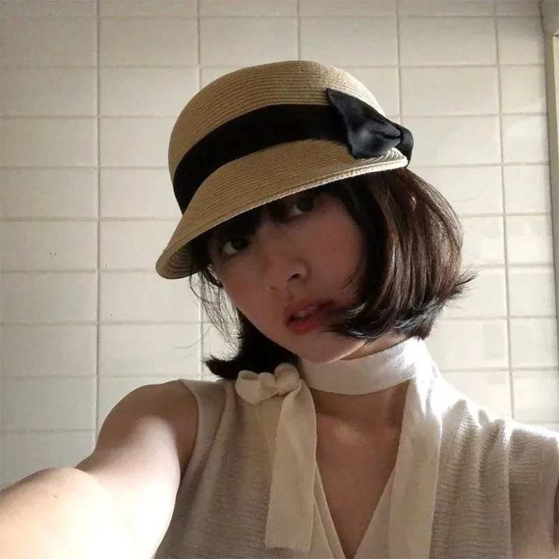 

Summer Straw Hat for Women Outdoor Travel Beach Vacation Breathable Cap Vintage Bow Top Hat Girls French Flat Top Sun Visor Hats
