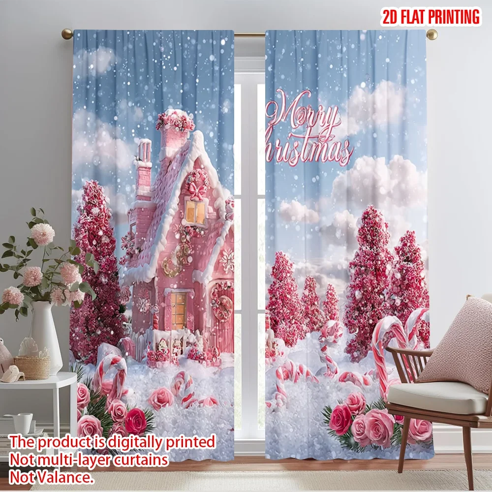 2pcs,2D plane printing Curtain Popular Pink cottage and snow trees Polyester (without rod) Home Decor for Bedroom, Living Room