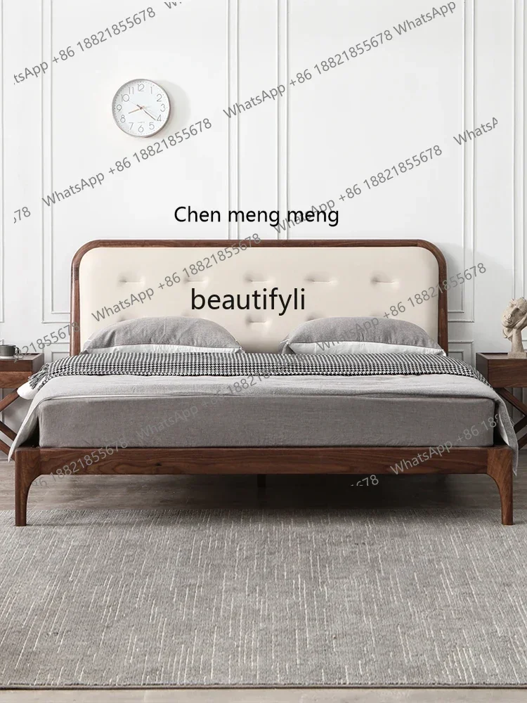 

D178 Nordic Solid Wood 1.8 M Double Master Bedroom North America Black Walnut Wooden Headboard Genuine Leather Marriage Bed