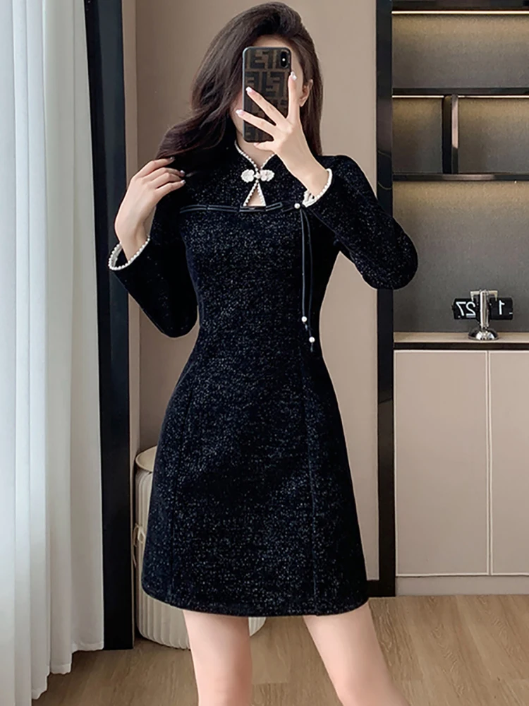 Women Red Luxury Festival Party Vestidos Autumn Winter Fashion Chenille Thick Warm Short Dress 2024 Korean Vintage Elegant Dress