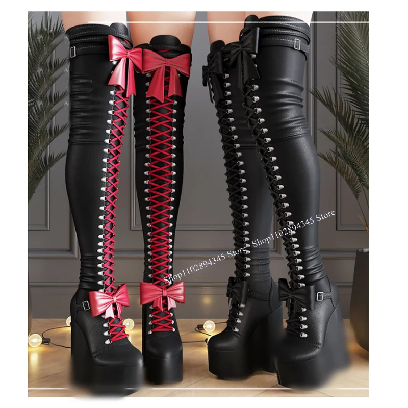 

Black Cross Strap Bow Knot Platform Boots Round Toe Wedge Heel Fashion Sexy 2024 Winter Big Size Woman Shoes Zapatillas Mujer