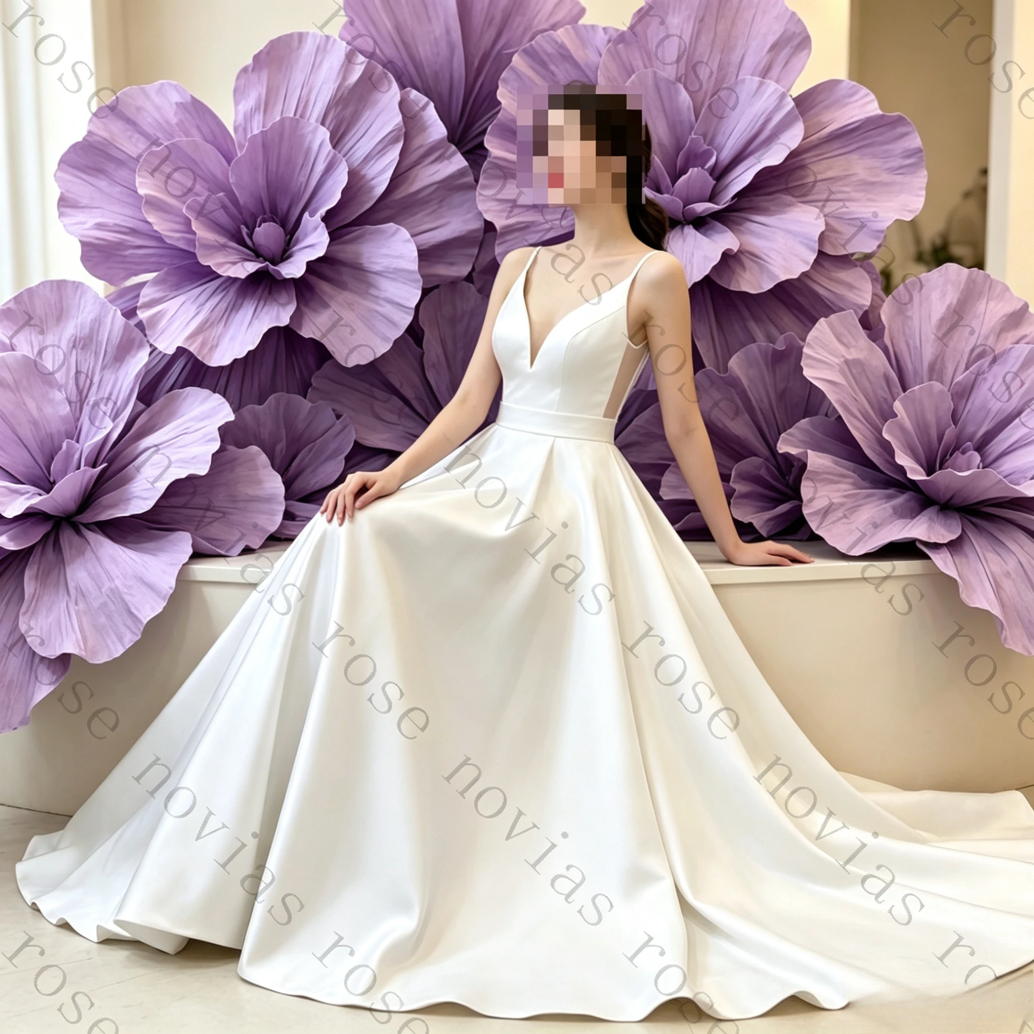 Customized Deep V Spaghetti Strap Satin A Line Wedding Dresses Waist Bow Simple Minimalist Flowy Long Train Elegant Bridal Gowns