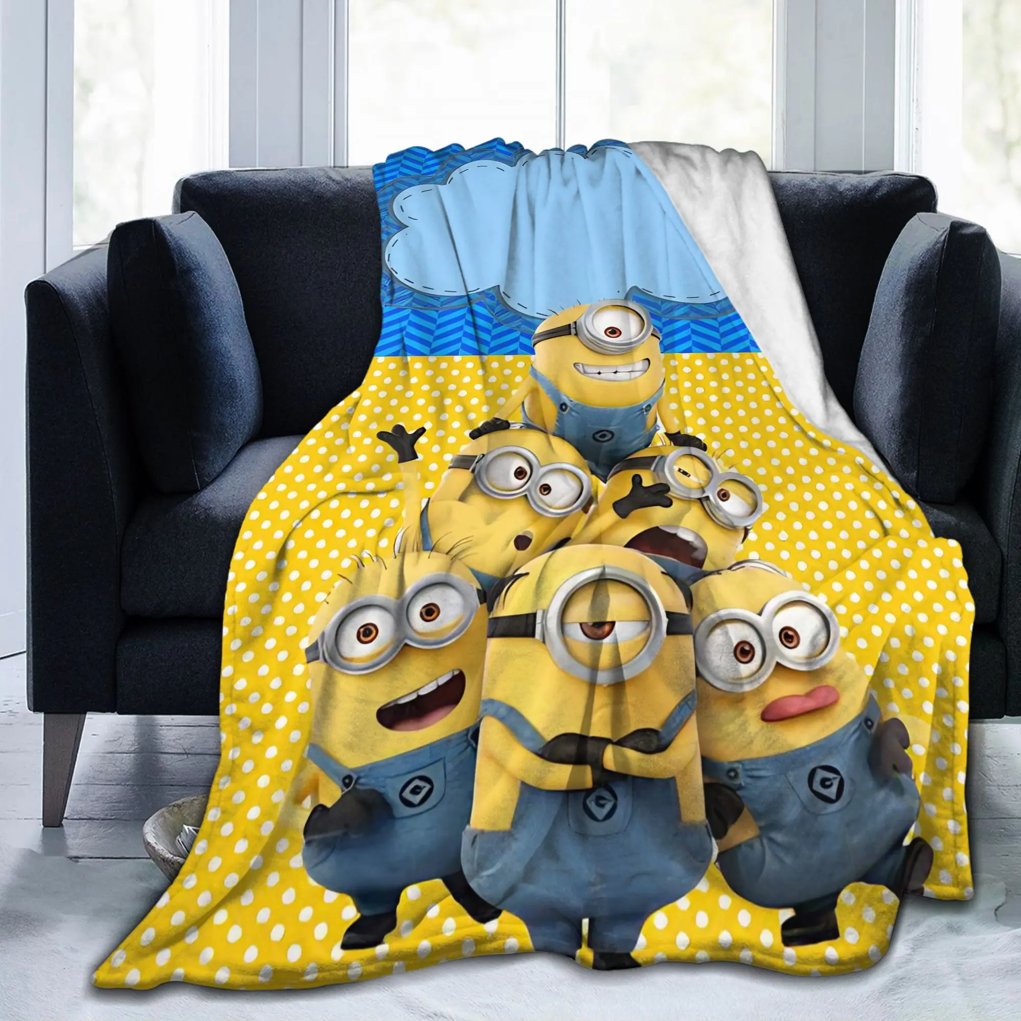 Cute Anime M-Miniones Blanket Fleece Autumn/Winter Multi-function Lightweight Thin Throw Blankets for Bed Couch Plush Thin Quilt