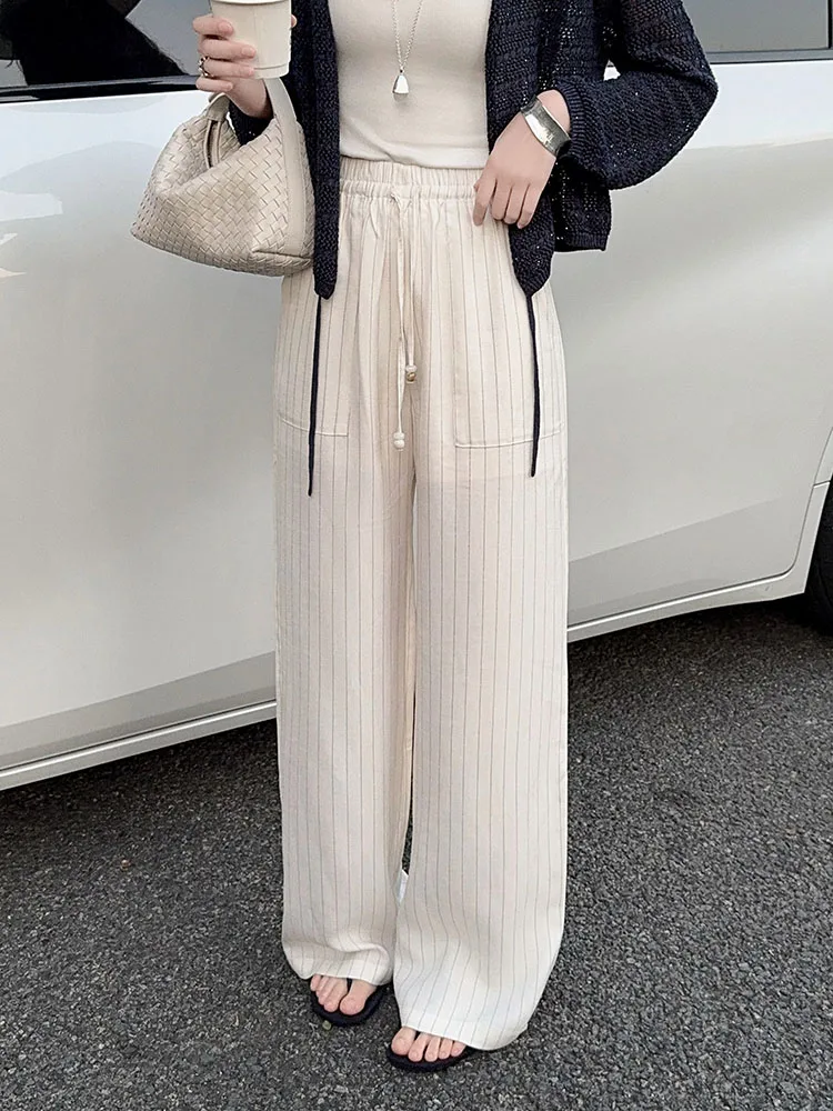 

Meiyang Slim Line Casual Pants Full Acetate Colored Weave Elastic Waist Loose Straight Leg High Waist Long Polyester Fiber