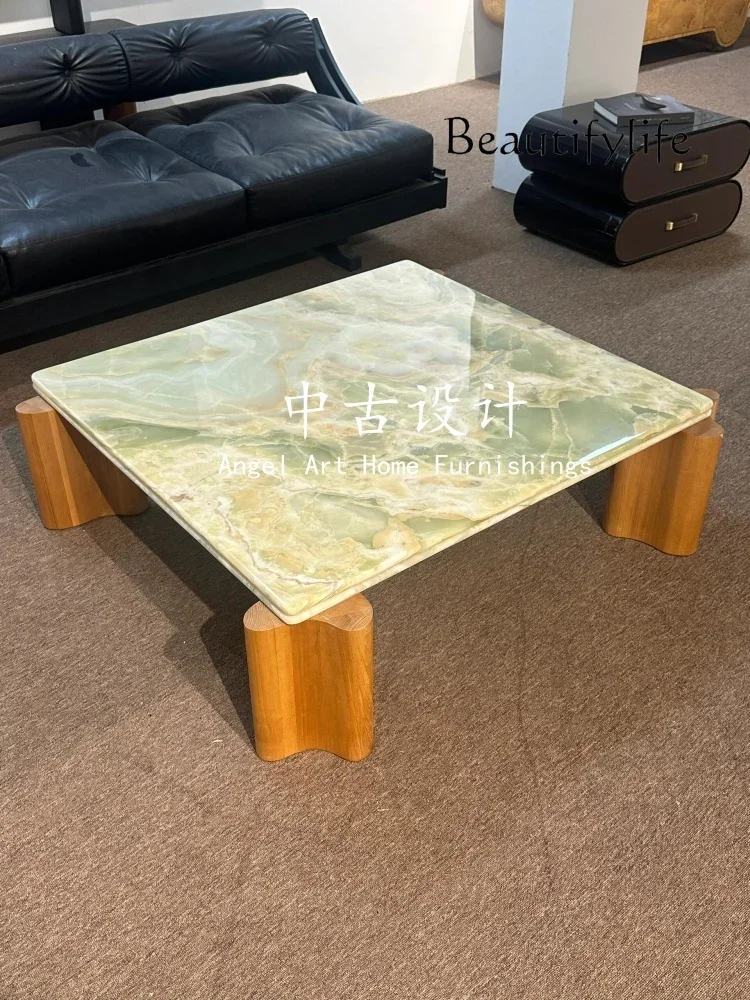 طاولة قهوة من الخشب الصلب والرخام المنزلي مصممة من العصور الوسطى، طاولة قهوة فاخرة لغرفة المعيشة على الطراز الفرنسي القديم