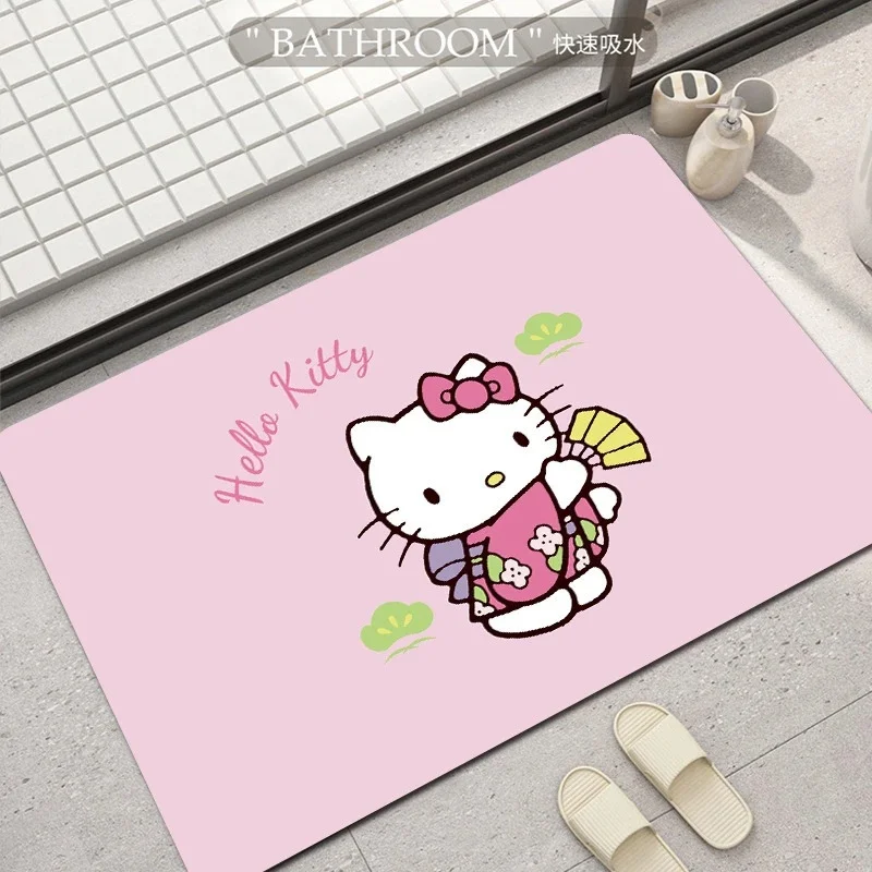 Toilet Door Mat Hello Kitty Kimono‑Fan Square Diatomite Mat Sakura Leaf Print Absorbent Rug
