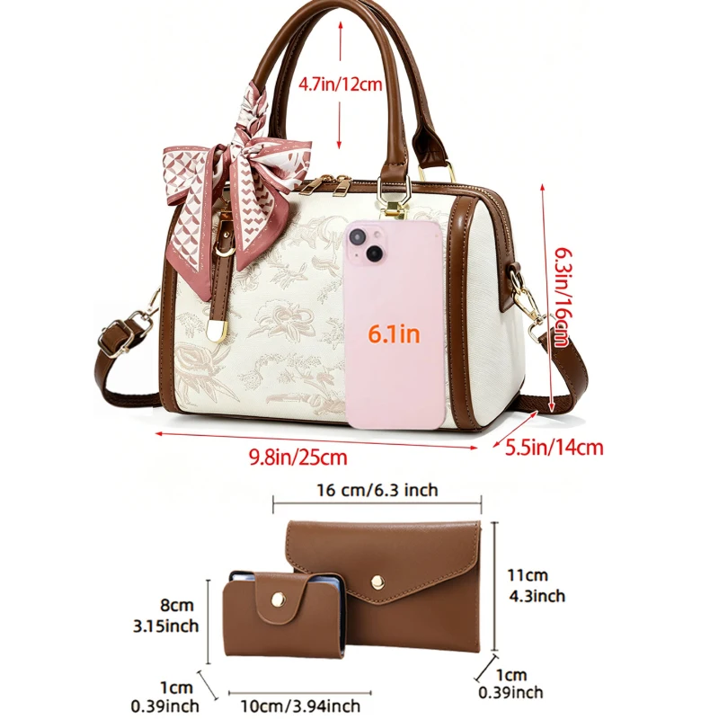 Light luxury embroidered women's handbag, 3-piece women's bag set, daily elegant versatile Boston bag, color-blocked shoulder