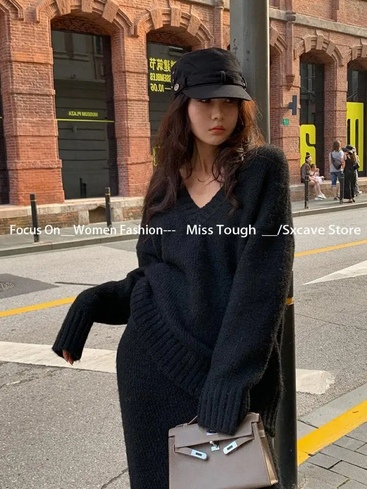 Knitted Sweater Set Skirt for Women Winter V-neck Vintage Suits Pullover Knitted Pullover Skirt Korean Fashion Two-piece Set