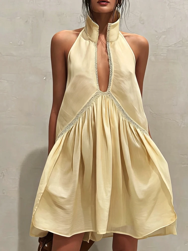 Damen Sommer Neckholder-Minikleid für Frauen, modisches Kleid mit Stehkragen, Spitzen-Patchwork, lässiges ärmelloses Urlaubs-Strandkleid.