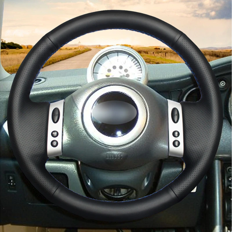 Black Genuine Calfskin Leather Hand-Stitched Car Steering Wheel Cover for Mini Coupe 2001 2002 2003 2004 2005 2006