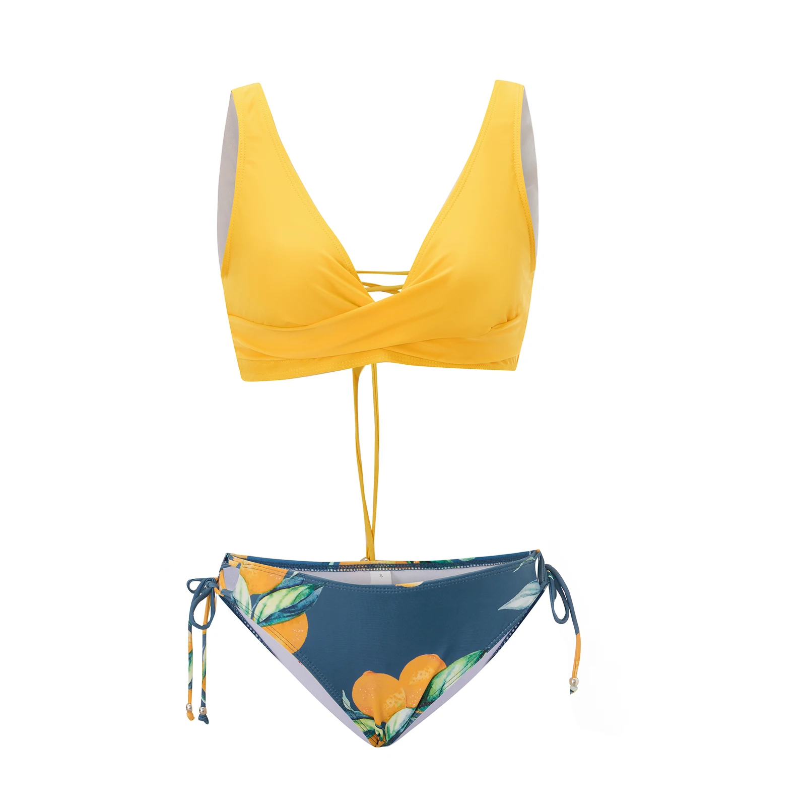 Women's Summer Bikini Solid Color Push Up Swim Tops with Lemon Print Low Waist Thong Swimsuit 2pcs Bathing Suit Beach Swimwear