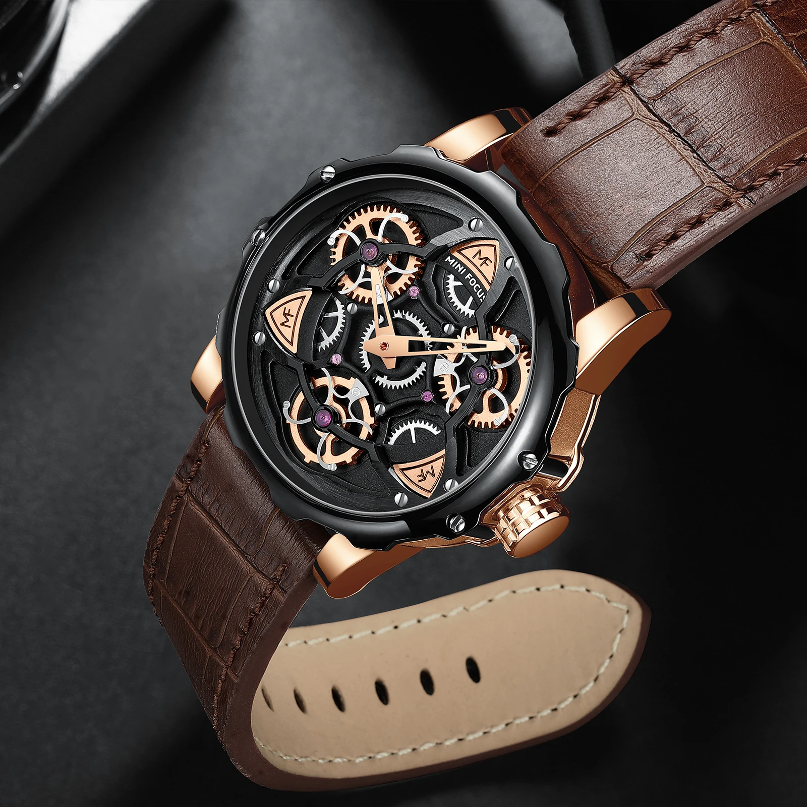 Mini Focus MF0249G Luxury Wrist Watch Genuine Leather Strap Skeleon Design Waterproof Men Quartz Watches